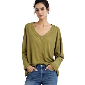 POL Womens Top M Olive Green Relaxed‎ Boho Drop Shoulder Waffle Knit Minimalist